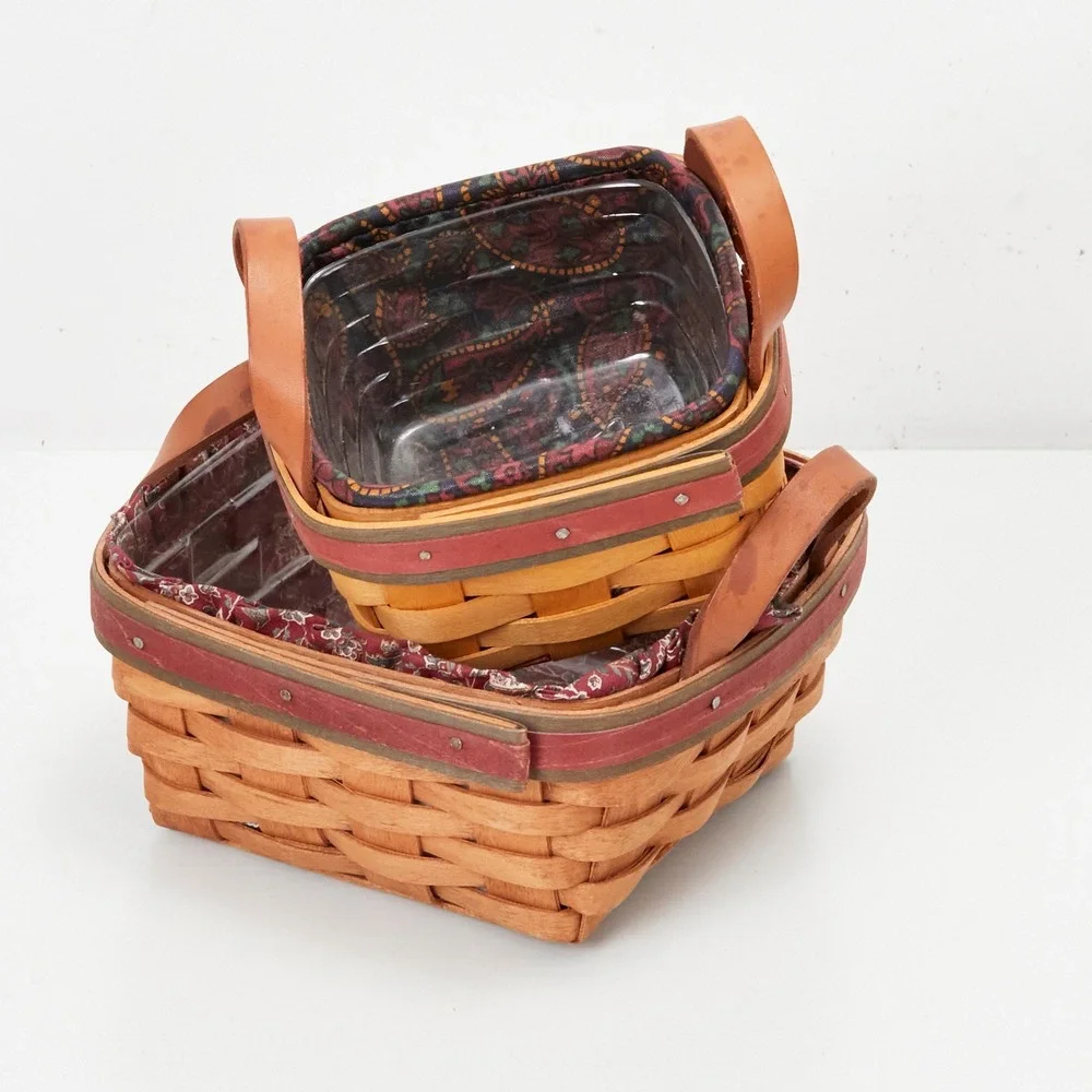 Longaberger Basket Set Multi 1991 Fathers Day Spare Change Wood Leather
